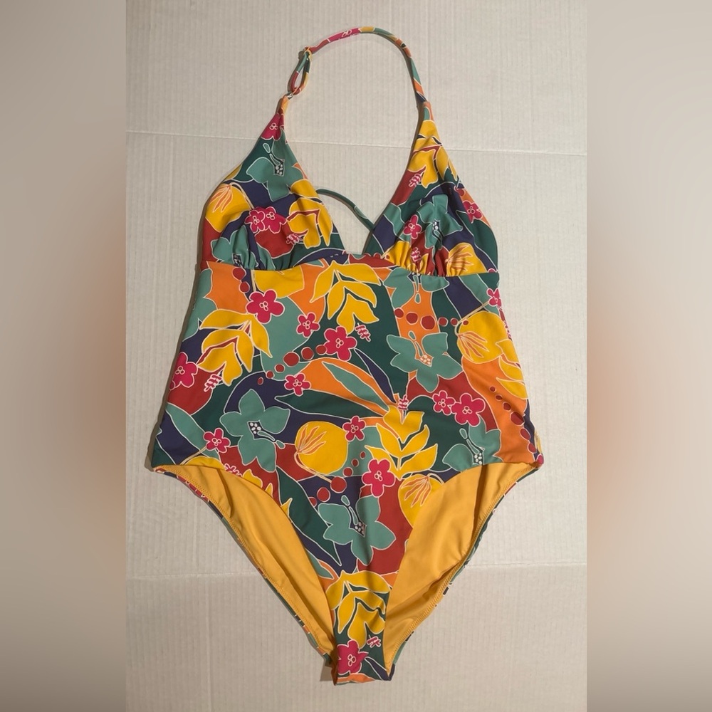 Marine Layer Plunge One Pc Hibiscus Floral Swimsuit Bathing Suit XL NEW